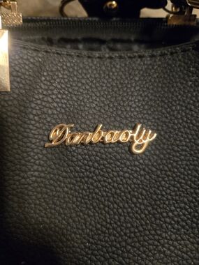 Black Pebbled Shoulder Bag with Gold Logo Accent